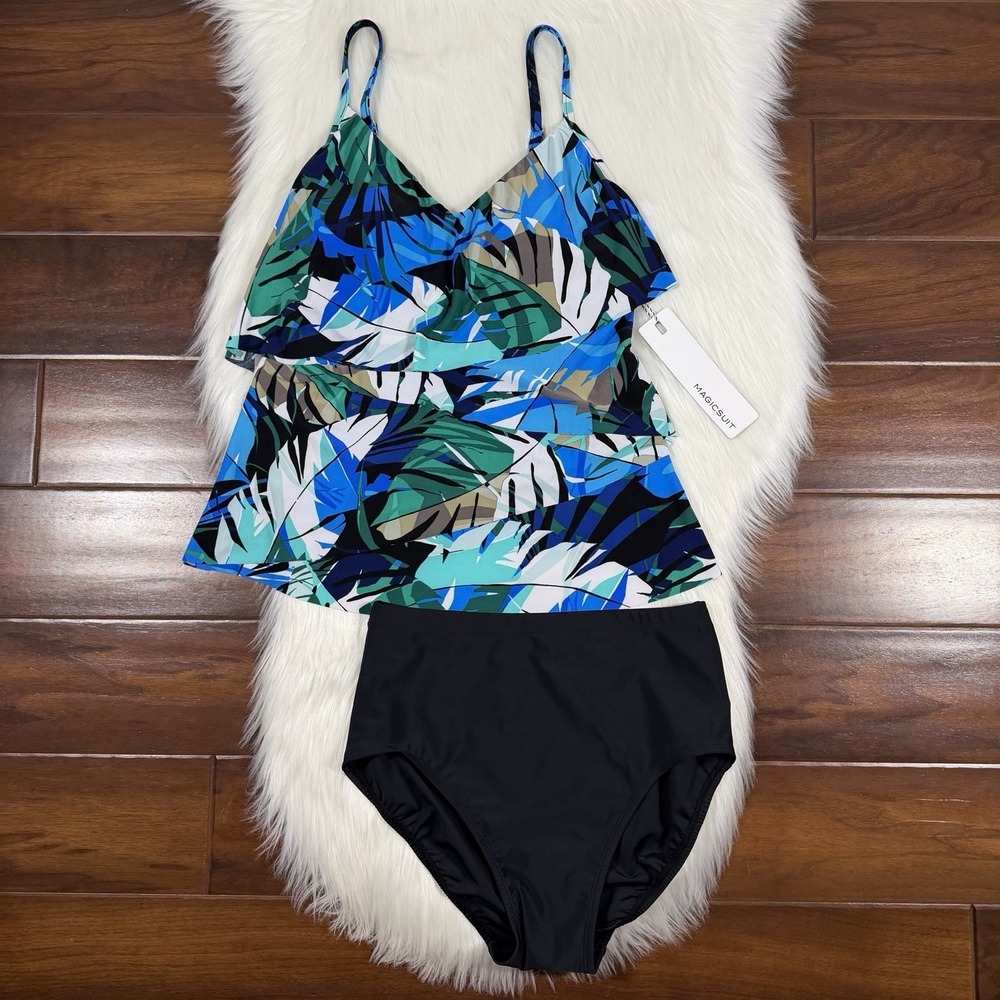 Magicsuit Women's Size 8 Leaf Print Tiered Tank / Brief 2 Piece Tankini Swimsuit